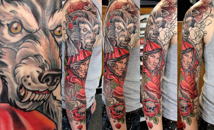 I did this custom tattoo of the old classic Little Red Ridding Hood on Jeff