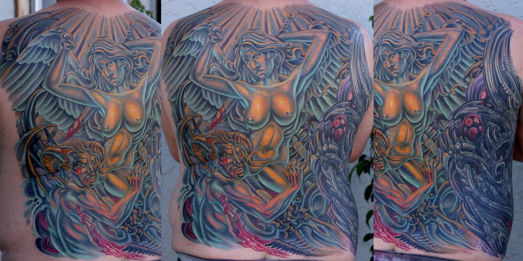 Tattoo Artist in San Diego, CA - Terry Ribera - Back Tattoo with Devil & Angel Tattoo Artist in San Diego, CA - Terry Ribera - Back Tattoo with Devil & Angel